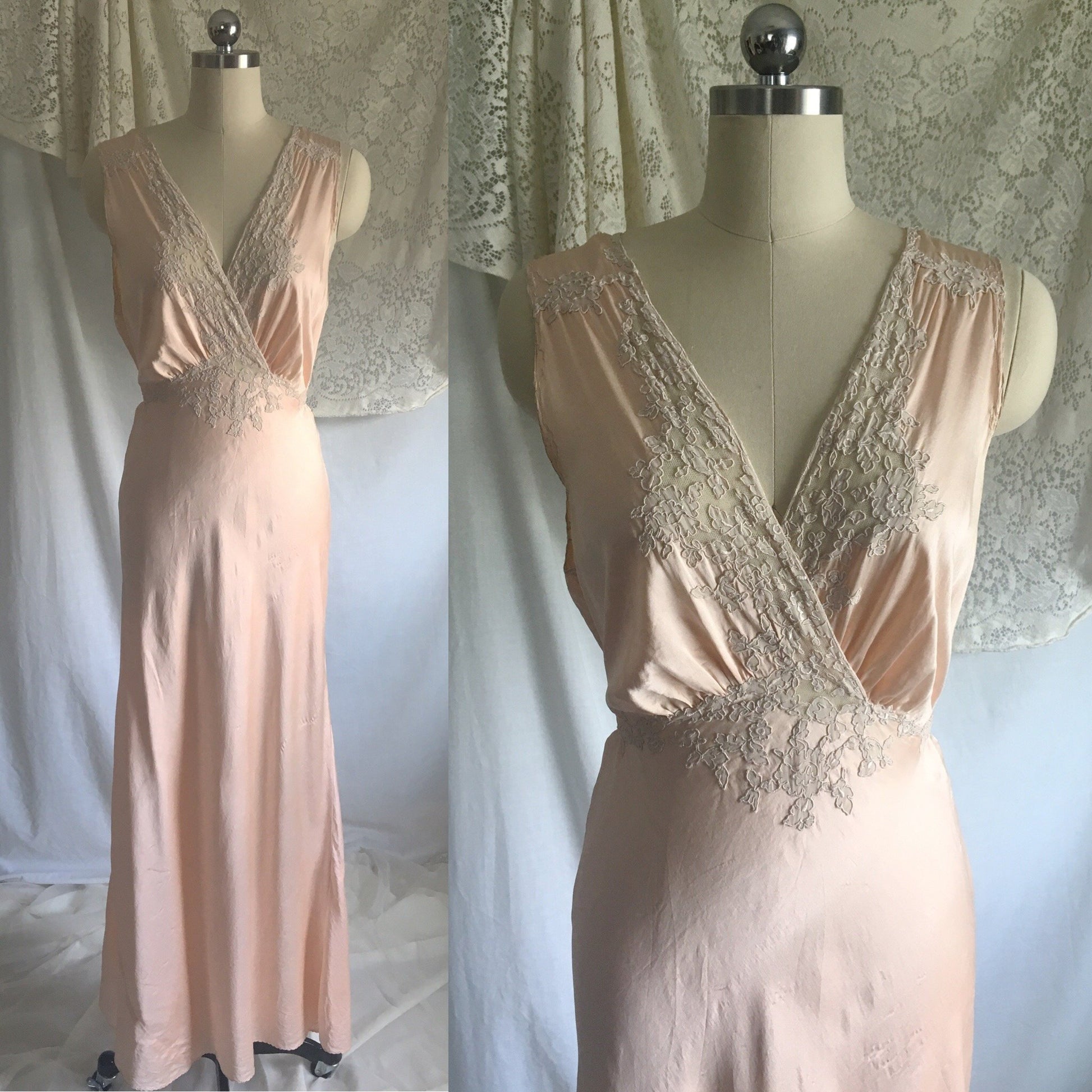 Vintage 1930's Nightgown | Rose Gold Silk with Embroidered Lace Tulle | Size M, LG - Daggers & Dames