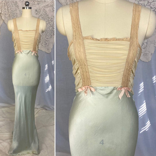 Vintage 1930's Nightgown | Seafoam Green Silk with Ivory Chiffon & Lace | Size 32-33.5 Bust, XS, S | Bullocks of Los Angeles - Daggers & Dames