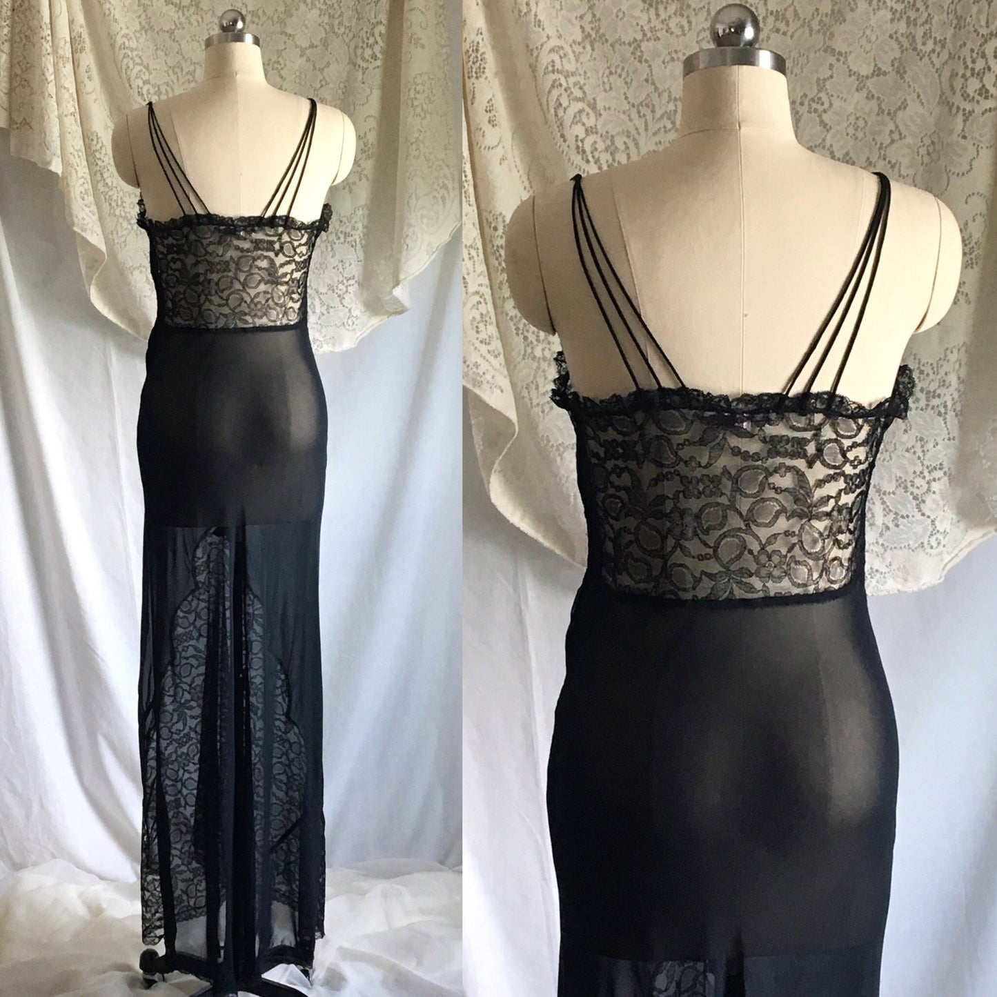 Vintage 1930's Nightgown | Sheer Black Rayon Chiffon with Chantilly Lace | Size S - Daggers & Dames