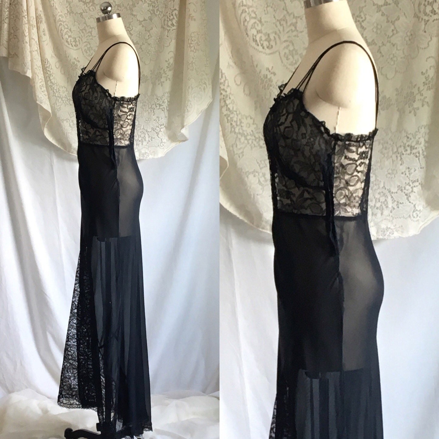 Vintage 1930's Nightgown | Sheer Black Rayon Chiffon with Chantilly Lace | Size S - Daggers & Dames