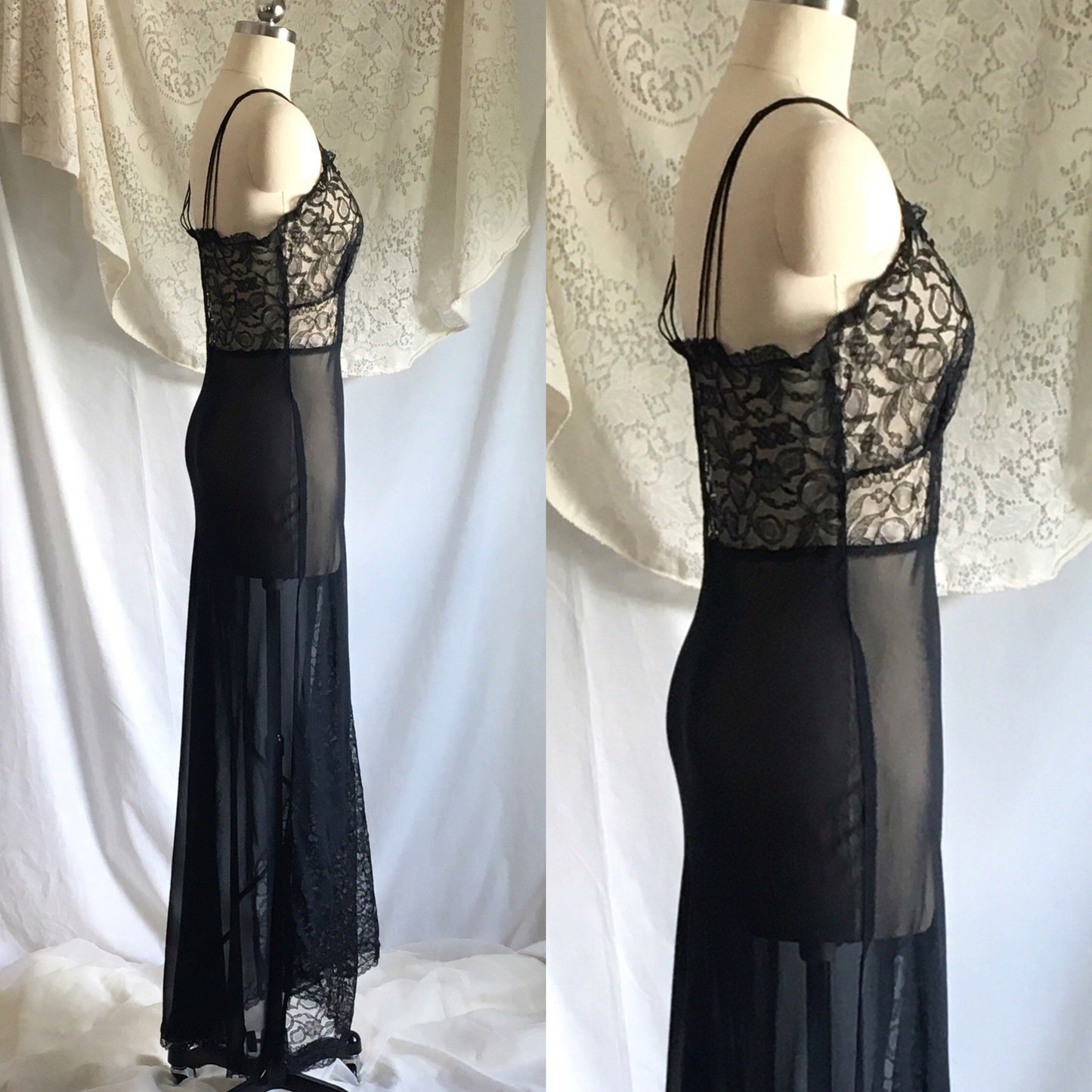 Vintage 1930's Nightgown | Sheer Black Rayon Chiffon with Chantilly Lace | Size S - Daggers & Dames