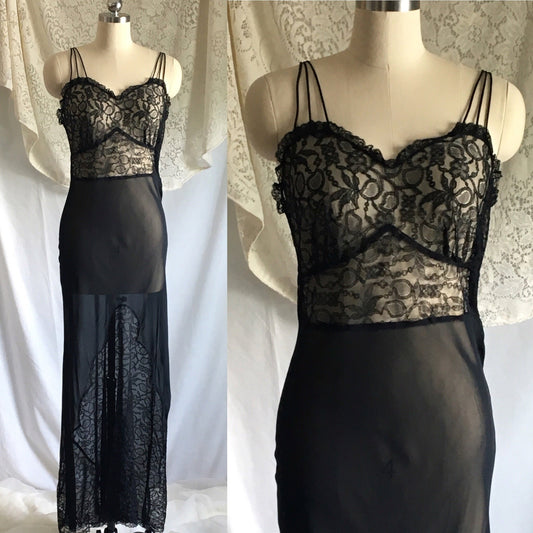 Vintage 1930's Nightgown | Sheer Black Rayon Chiffon with Chantilly Lace | Size S - Daggers & Dames