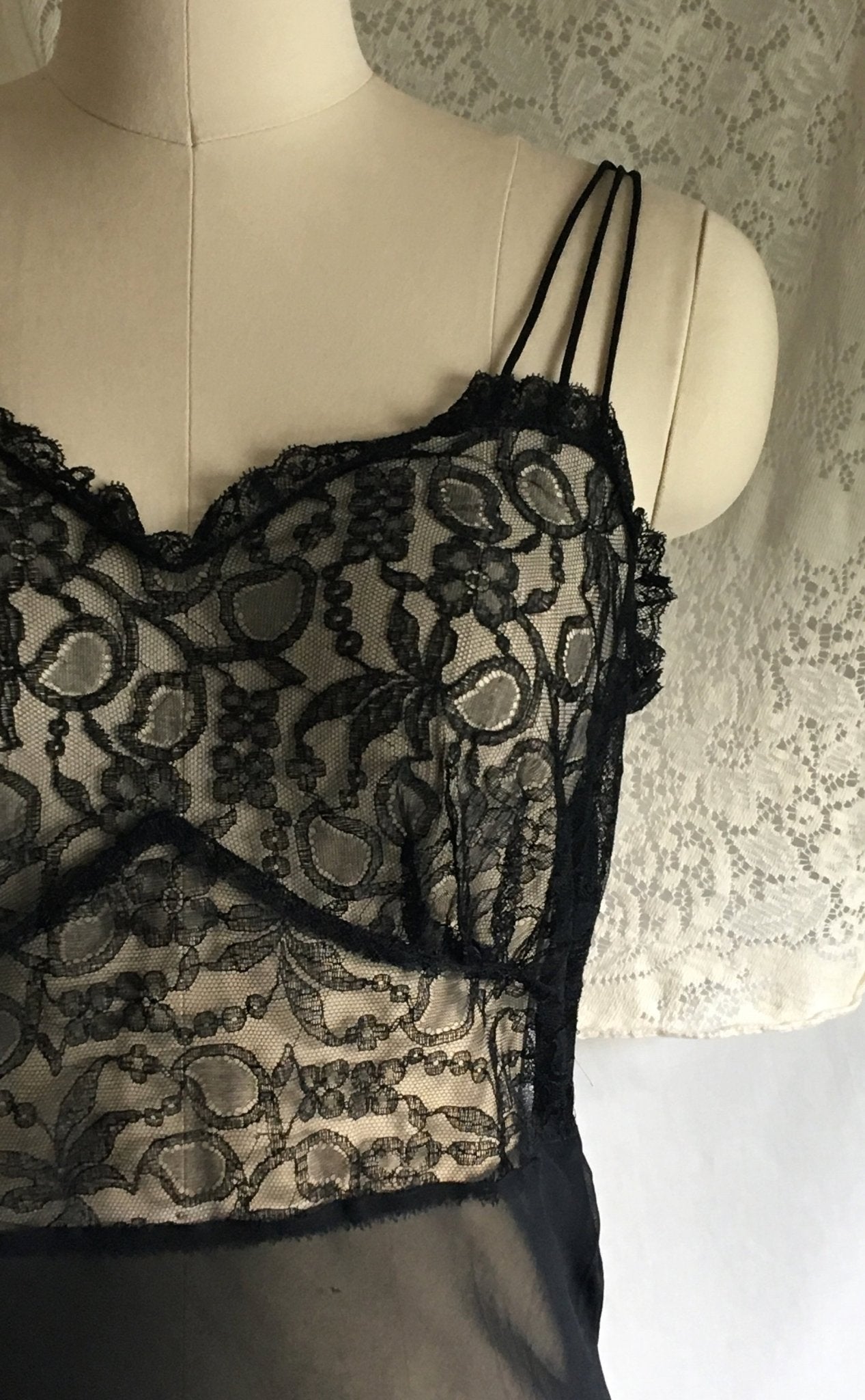 Vintage 1930's Nightgown | Sheer Black Rayon Chiffon with Chantilly Lace | Size S - Daggers & Dames