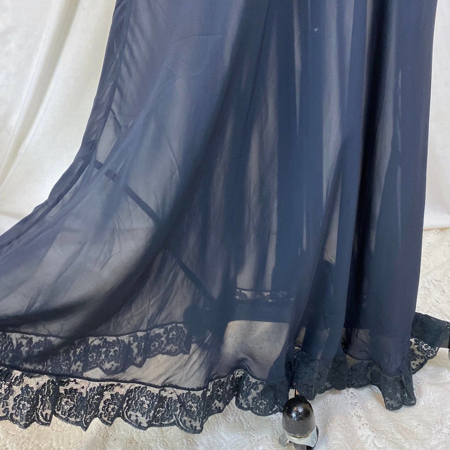 Vintage 1930's Nightgown | Sheer Black Rayon Chiffon with Ruffled Floral Lace | Size S, M | Chevette - Daggers & Dames