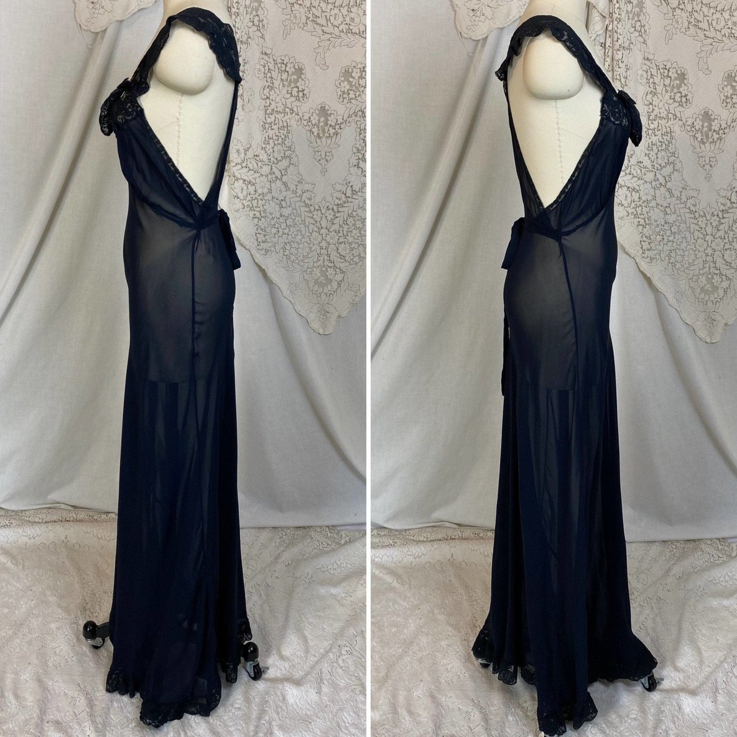 Vintage 1930's Nightgown | Sheer Black Rayon Chiffon with Ruffled Floral Lace | Size S, M | Chevette - Daggers & Dames