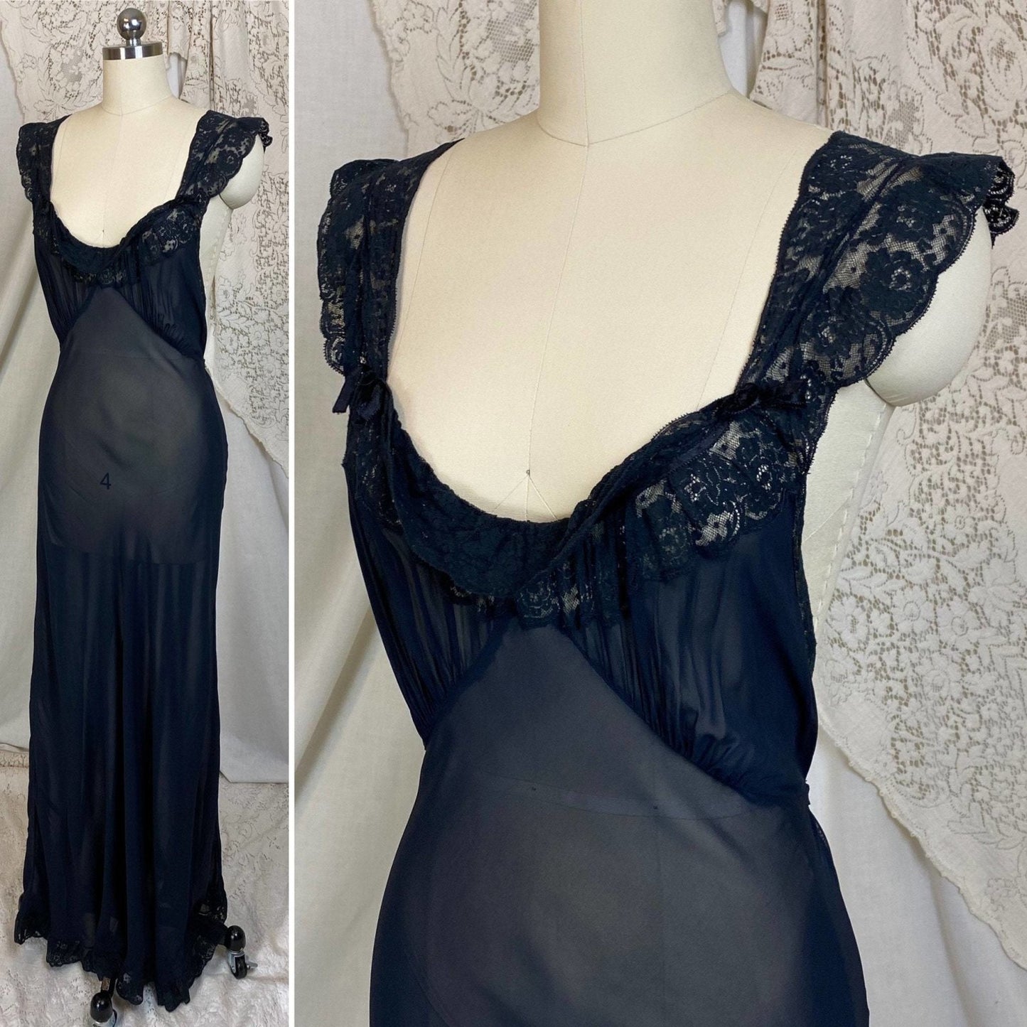 Vintage 1930's Nightgown | Sheer Black Rayon Chiffon with Ruffled Floral Lace | Size S, M | Chevette - Daggers & Dames