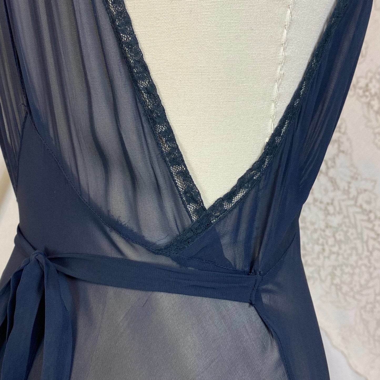 Vintage 1930's Nightgown | Sheer Black Rayon Chiffon with Ruffled Floral Lace | Size S, M | Chevette - Daggers & Dames