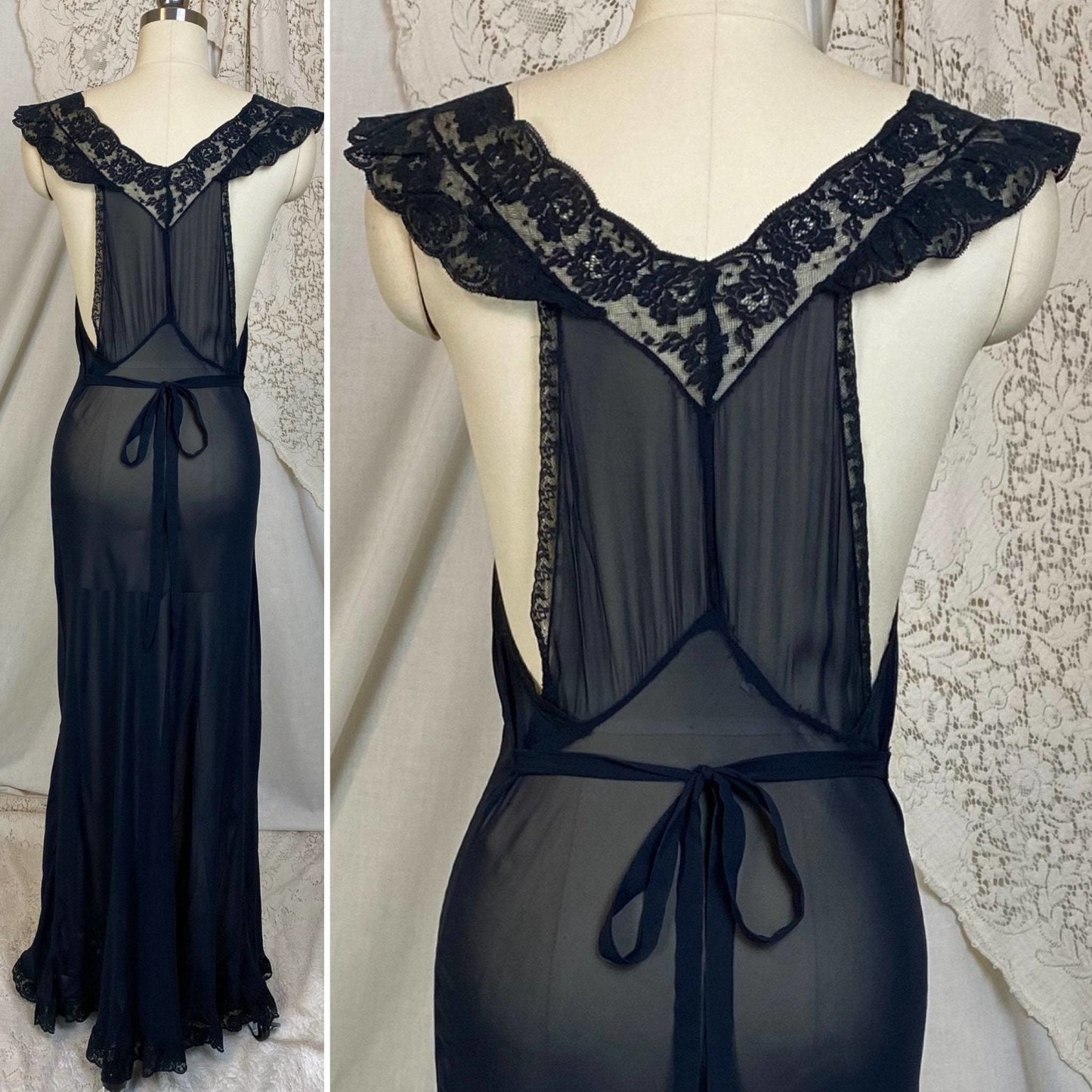 Vintage 1930's Nightgown | Sheer Black Rayon Chiffon with Ruffled Floral Lace | Size S, M | Chevette - Daggers & Dames