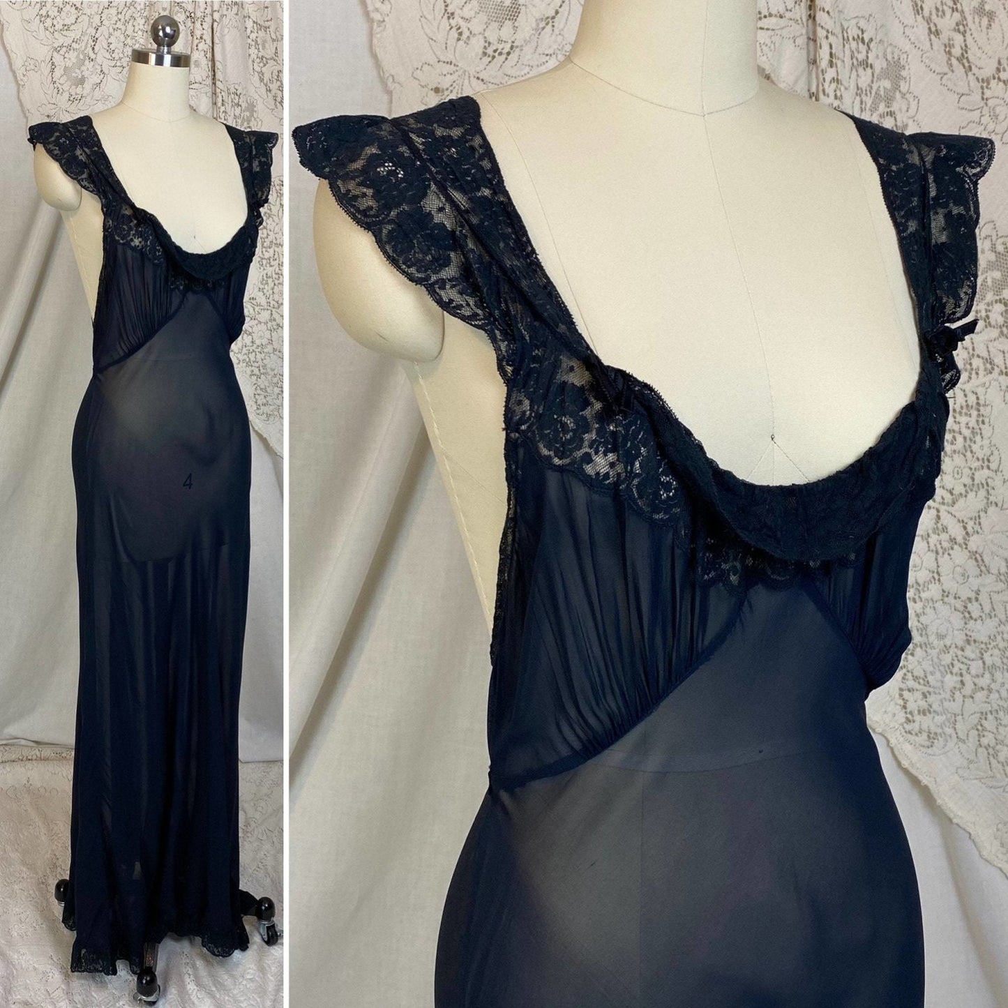 Vintage 1930's Nightgown | Sheer Black Rayon Chiffon with Ruffled Floral Lace | Size S, M | Chevette - Daggers & Dames