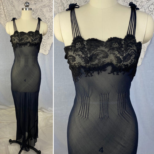 Vintage 1930's Nightgown | Sheer Black Silk Chiffon with Chantilly Lace & Crisscross Back | Size 36-38 Bust, M - Daggers & Dames