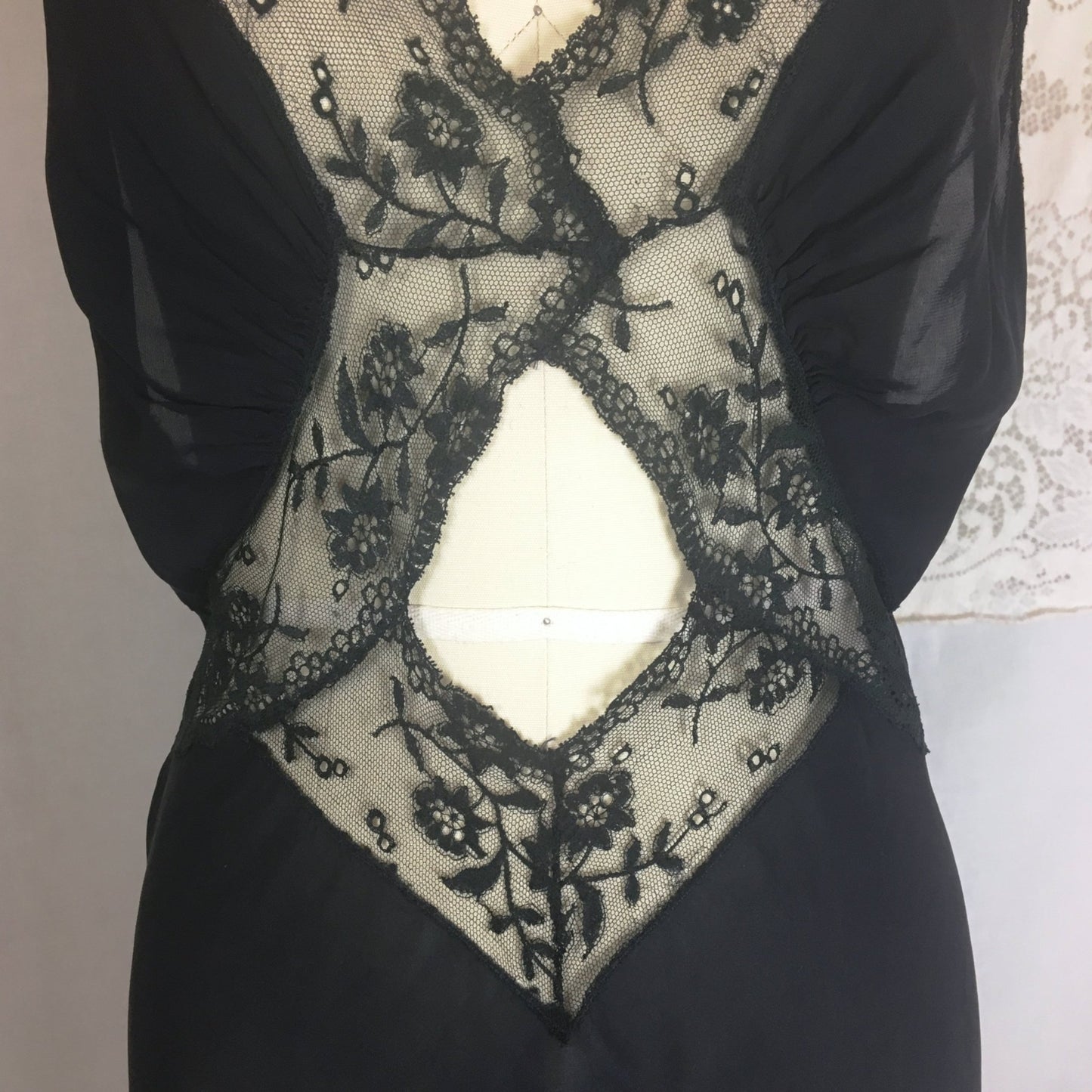 Vintage 1930's Nightgown | Sheer Black Silk Chiffon with Chantilly lace & Open Back | Beau Monde | Size S, MED - Daggers & Dames
