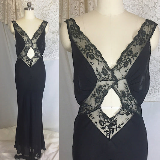 Vintage 1930's Nightgown | Sheer Black Silk Chiffon with Chantilly lace & Open Back | Beau Monde | Size S, MED - Daggers & Dames