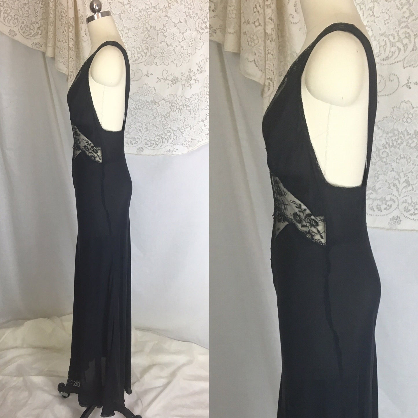 Vintage 1930's Nightgown | Sheer Black Silk Chiffon with Chantilly lace & Open Back | Beau Monde | Size S, MED - Daggers & Dames