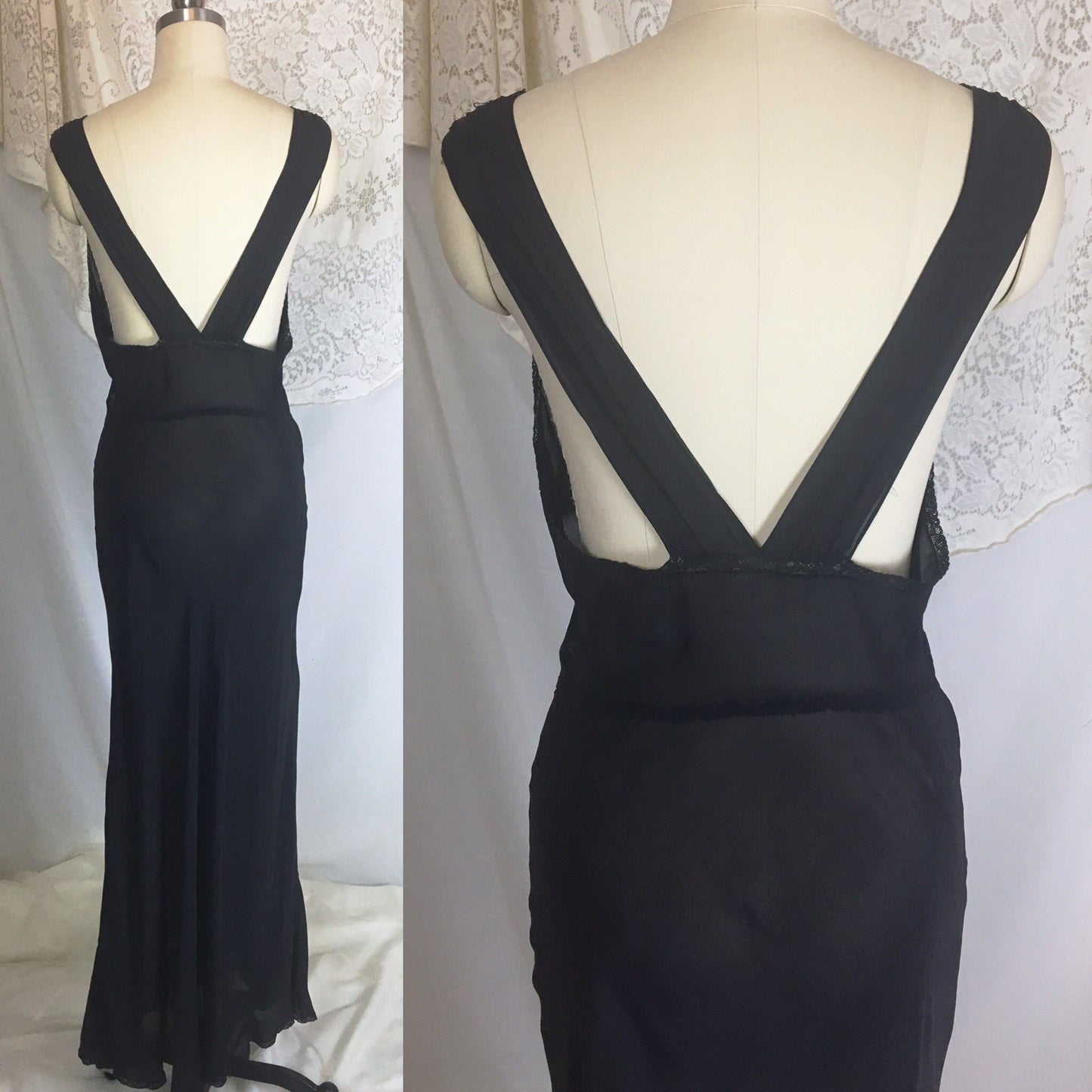 Vintage 1930's Nightgown | Sheer Black Silk Chiffon with Chantilly lace & Open Back | Beau Monde | Size S, MED - Daggers & Dames