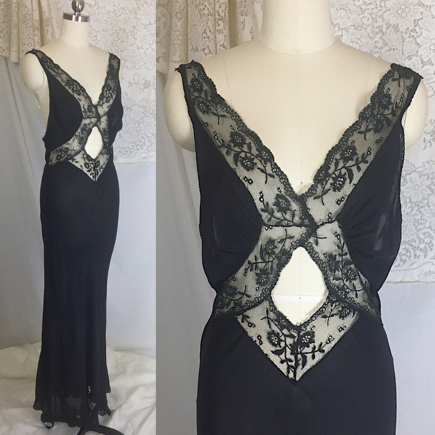 Vintage 1930's Nightgown | Sheer Black Silk Chiffon with Chantilly lace & Open Back | Beau Monde | Size S, MED - Daggers & Dames