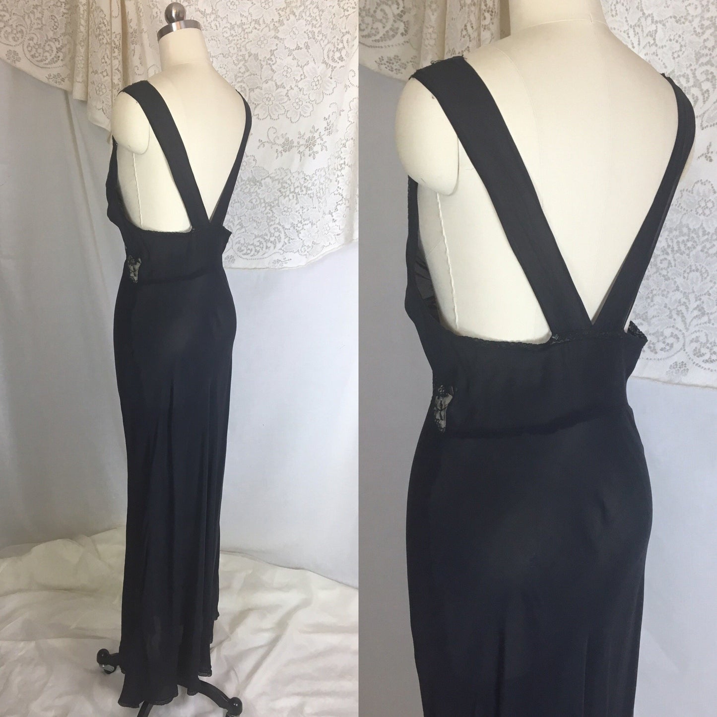 Vintage 1930's Nightgown | Sheer Black Silk Chiffon with Chantilly lace & Open Back | Beau Monde | Size S, MED - Daggers & Dames