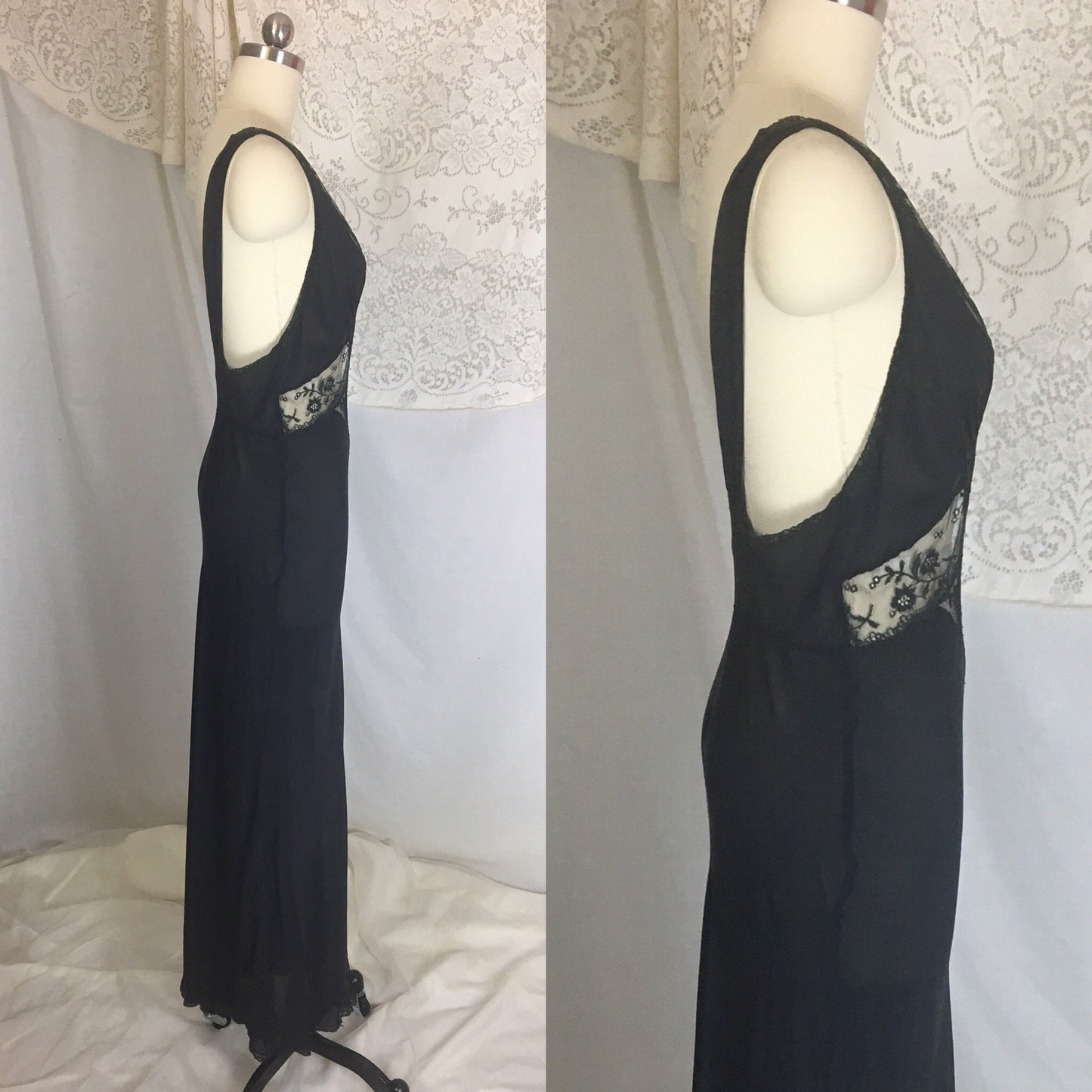 Vintage 1930's Nightgown | Sheer Black Silk Chiffon with Chantilly lace & Open Back | Beau Monde | Size S, MED - Daggers & Dames