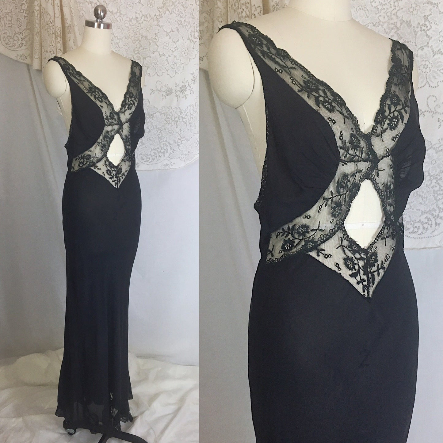 Vintage 1930's Nightgown | Sheer Black Silk Chiffon with Chantilly lace & Open Back | Beau Monde | Size S, MED - Daggers & Dames