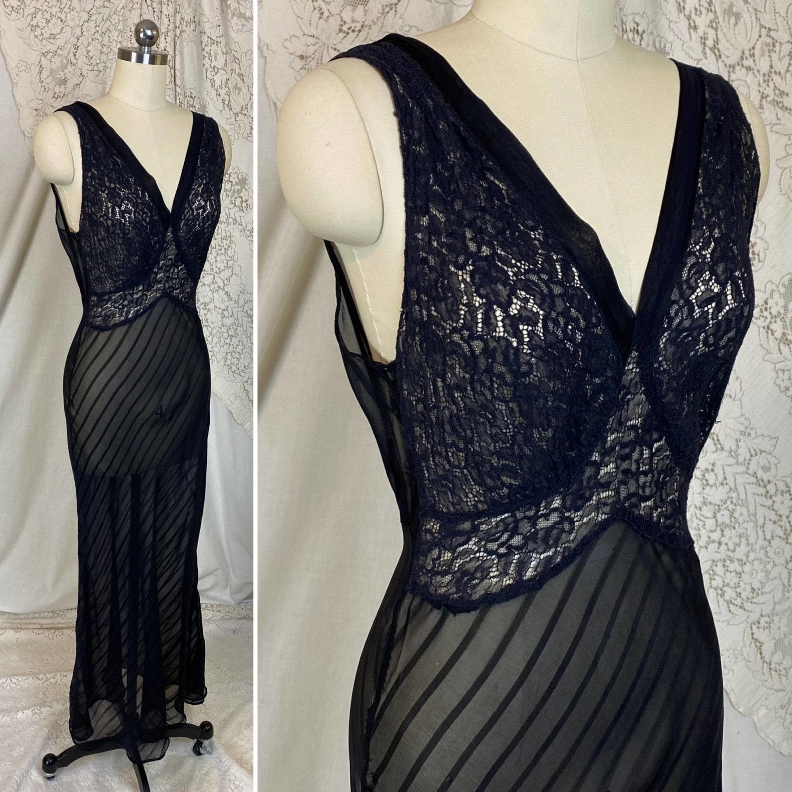 Vintage 1930's Nightgown | Sheer Black Silk Striped Chiffon with Floral Chantilly Lace | Size XS, S, M | W/B Weisman - Daggers & Dames