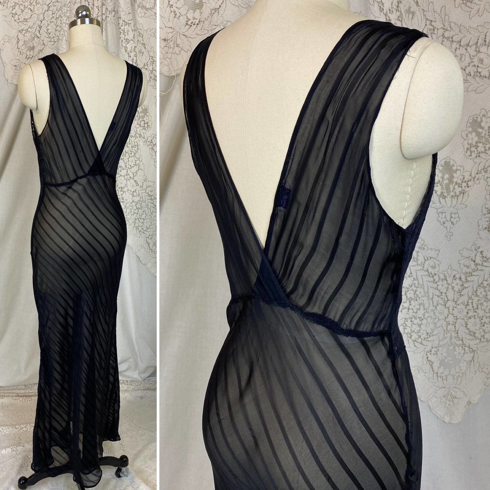 Vintage 1930's Nightgown | Sheer Black Silk Striped Chiffon with Floral Chantilly Lace | Size XS, S, M | W/B Weisman - Daggers & Dames