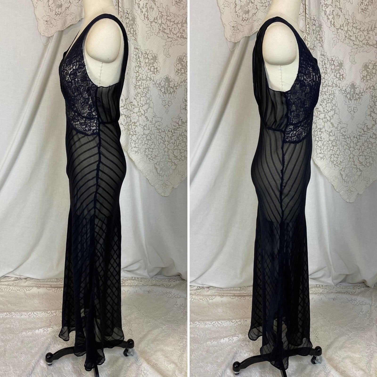 Vintage 1930's Nightgown | Sheer Black Silk Striped Chiffon with Floral Chantilly Lace | Size XS, S, M | W/B Weisman - Daggers & Dames
