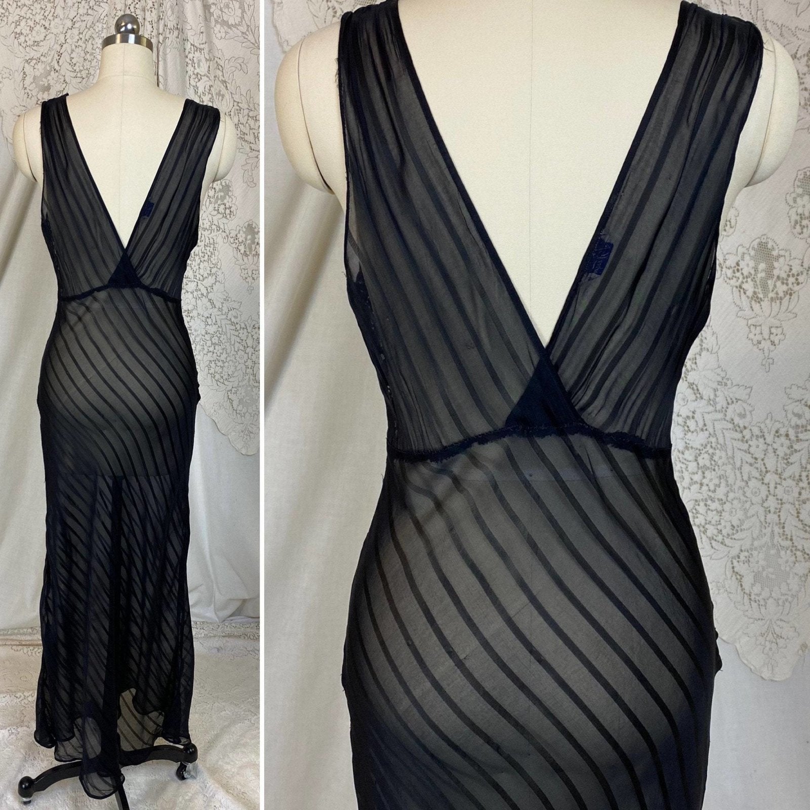 Vintage 1930's Nightgown | Sheer Black Silk Striped Chiffon with Floral Chantilly Lace | Size XS, S, M | W/B Weisman - Daggers & Dames