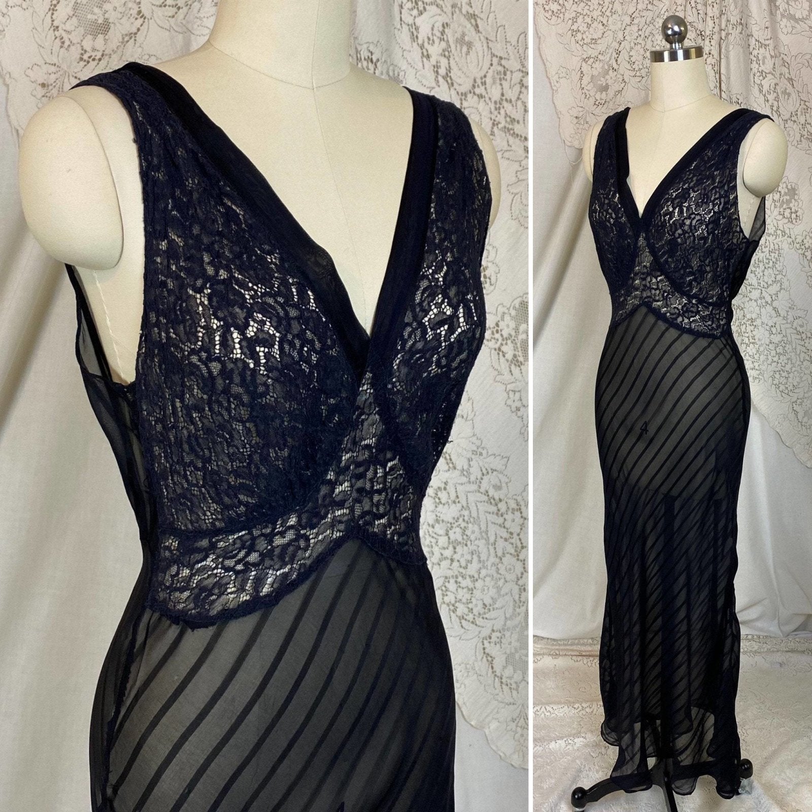 Vintage 1930's Nightgown | Sheer Black Silk Striped Chiffon with Floral Chantilly Lace | Size XS, S, M | W/B Weisman - Daggers & Dames