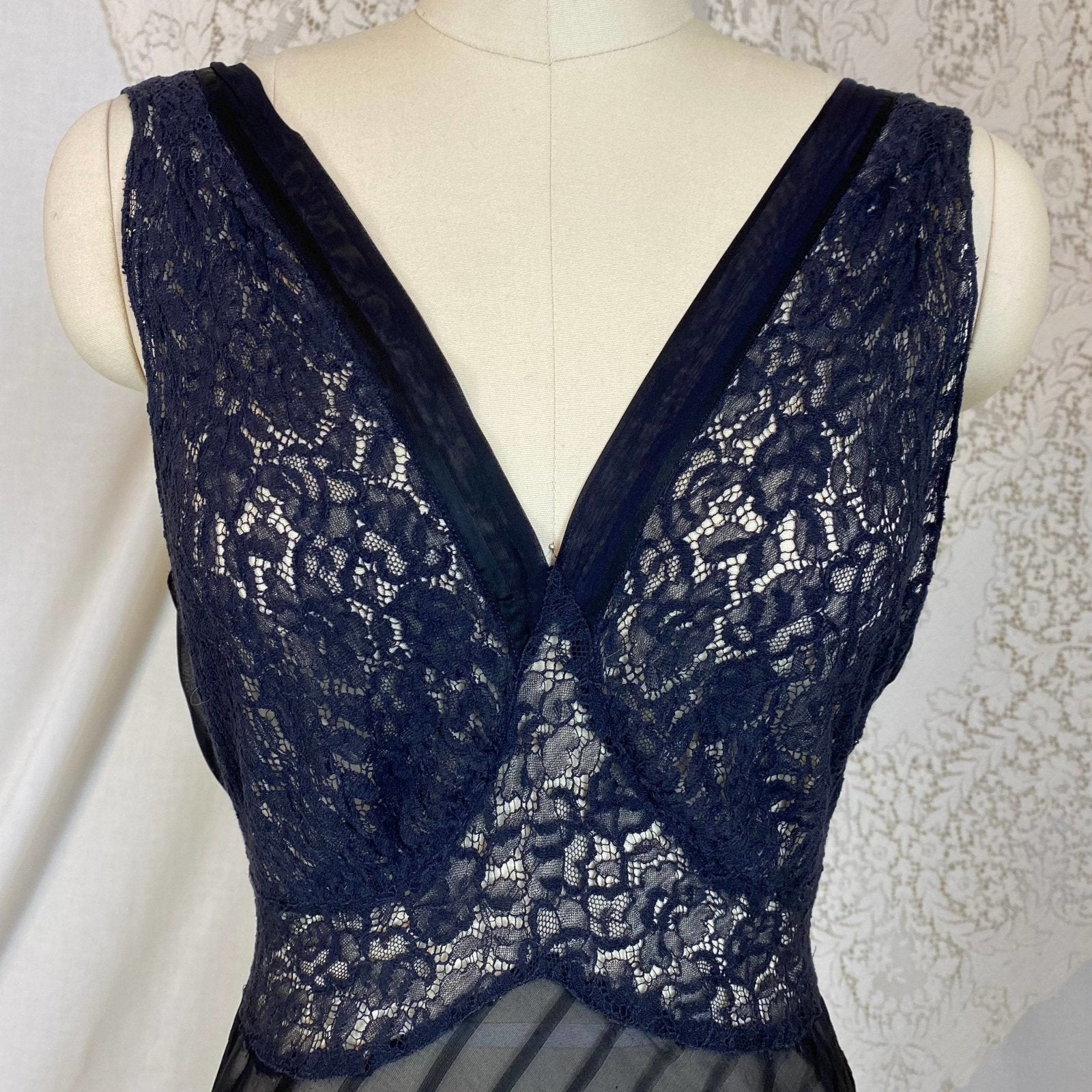 Vintage 1930's Nightgown | Sheer Black Silk Striped Chiffon with Floral Chantilly Lace | Size XS, S, M | W/B Weisman - Daggers & Dames