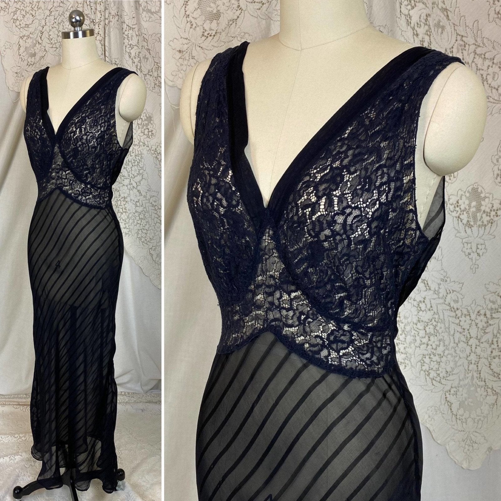 Vintage 1930's Nightgown | Sheer Black Silk Striped Chiffon with Floral Chantilly Lace | Size XS, S, M | W/B Weisman - Daggers & Dames