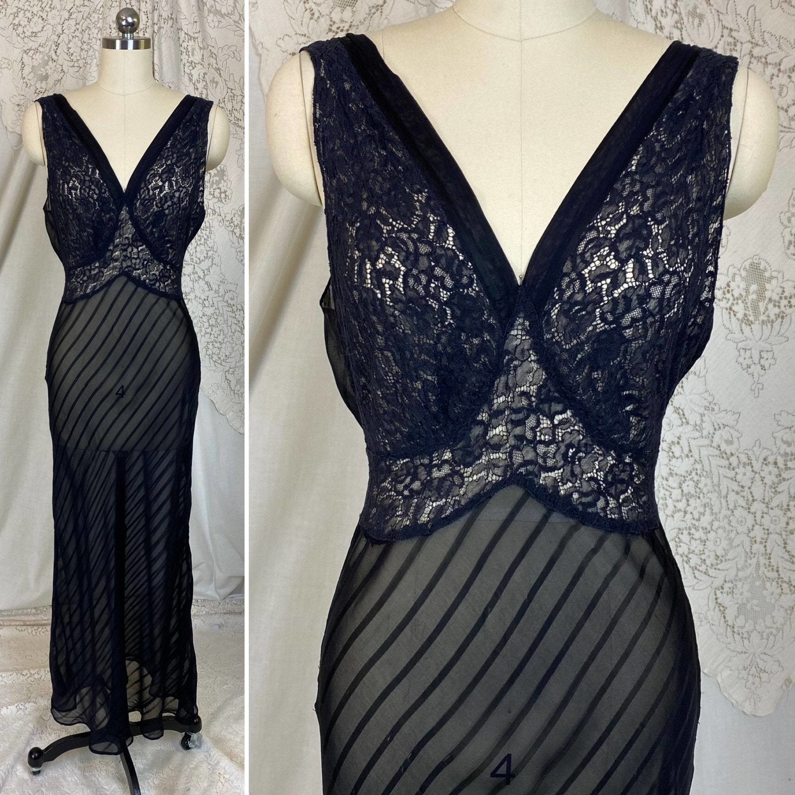 Vintage 1930's Nightgown | Sheer Black Silk Striped Chiffon with Floral Chantilly Lace | Size XS, S, M | W/B Weisman - Daggers & Dames
