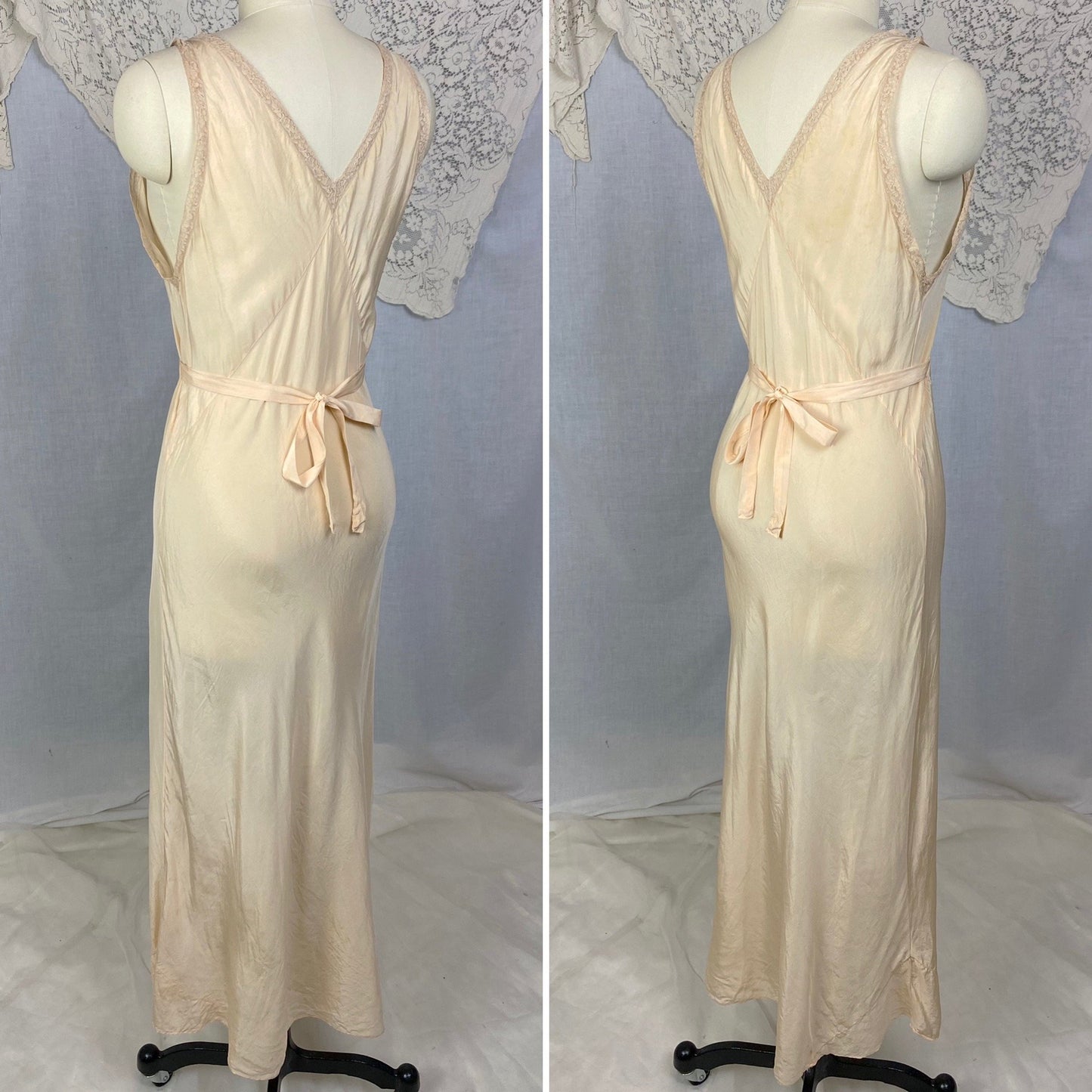 Vintage 1930's Nightgown |Sheer Ivory Silk with Deep Nude Lace | Size M - Daggers & Dames