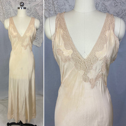 Vintage 1930's Nightgown |Sheer Ivory Silk with Deep Nude Lace | Size M - Daggers & Dames