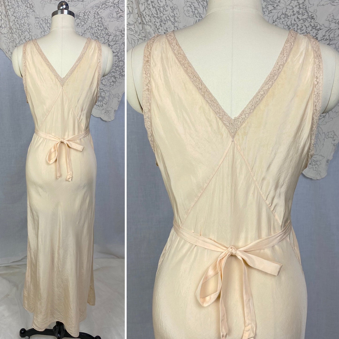 Vintage 1930's Nightgown |Sheer Ivory Silk with Deep Nude Lace | Size M - Daggers & Dames