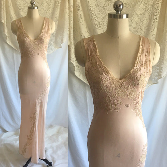 Vintage 1930's Nightgown | Sheer Rose Gold Pink Silk with Monogram & Lace | Size XS, S - Daggers & Dames