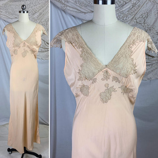 Vintage 1930's Nightgown | Size SM, MED | Rich Apricot Silk with Taupe Alençon Lace - Daggers & Dames