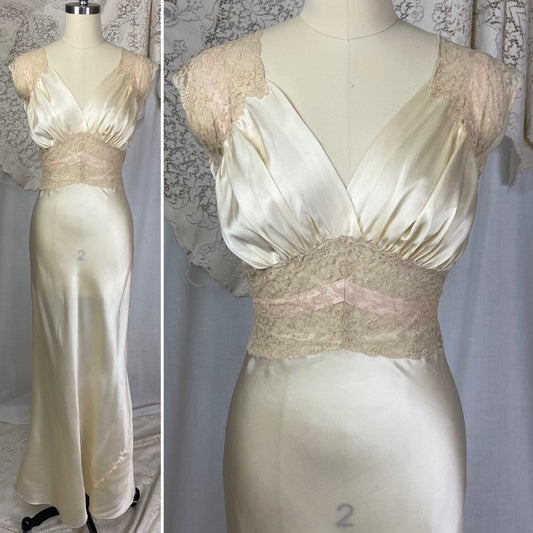 Vintage 1930's Nightgown | Warm Ivory Silk with Nude Floral Lace & Ballet Pink Ribbon | Size XS | Fischer Lingerie -Never Worn - Daggers & Dames