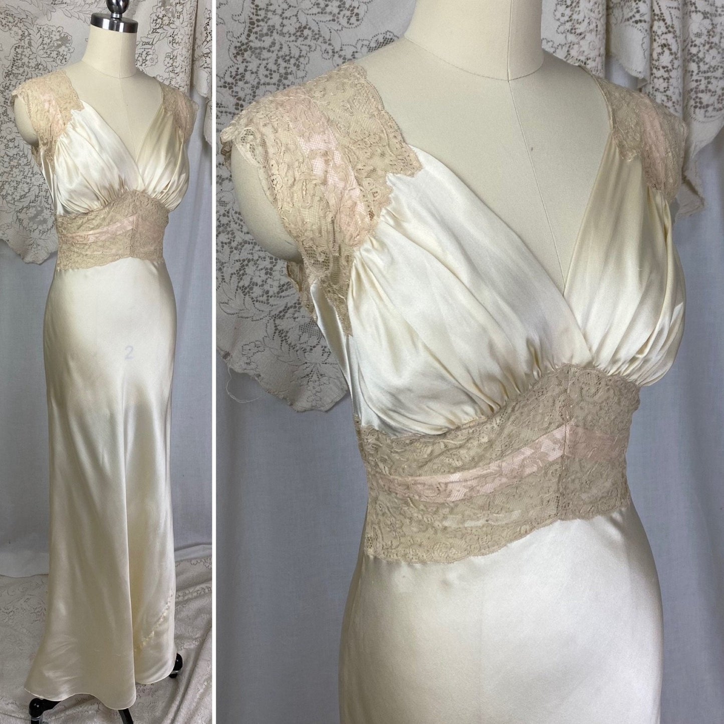 Vintage 1930's Nightgown | Warm Ivory Silk with Nude Floral Lace & Ballet Pink Ribbon | Size XS | Fischer Lingerie -Never Worn - Daggers & Dames
