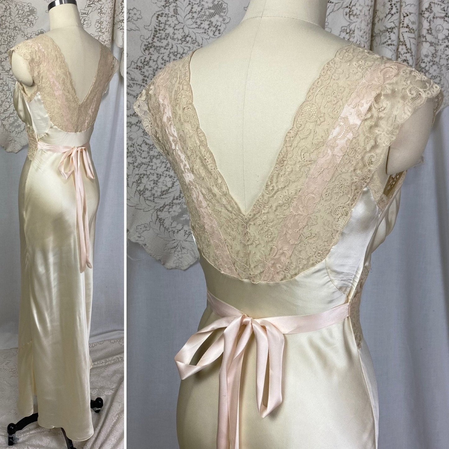 Vintage 1930's Nightgown | Warm Ivory Silk with Nude Floral Lace & Ballet Pink Ribbon | Size XS | Fischer Lingerie -Never Worn - Daggers & Dames