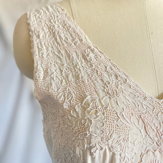 Vintage 1930's Nightgtown | Hand Stitched Cream Silk Charmeuse with Embroidered Floral Chiffon Appliqués | Size XS | Jean Lindsay, Shanghai - Daggers & Dames