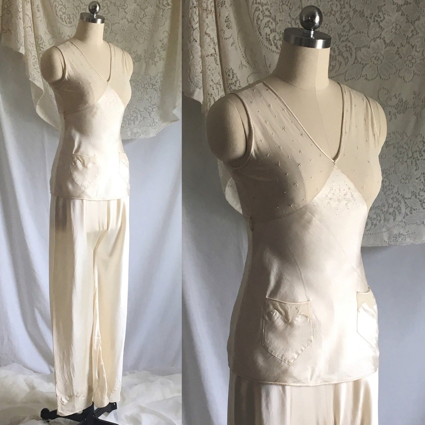 Vintage 1930's Pajama Set | Champagne Silk Charmeuse with Embroidered Chiffon | Size XXS, XS - Daggers & Dames