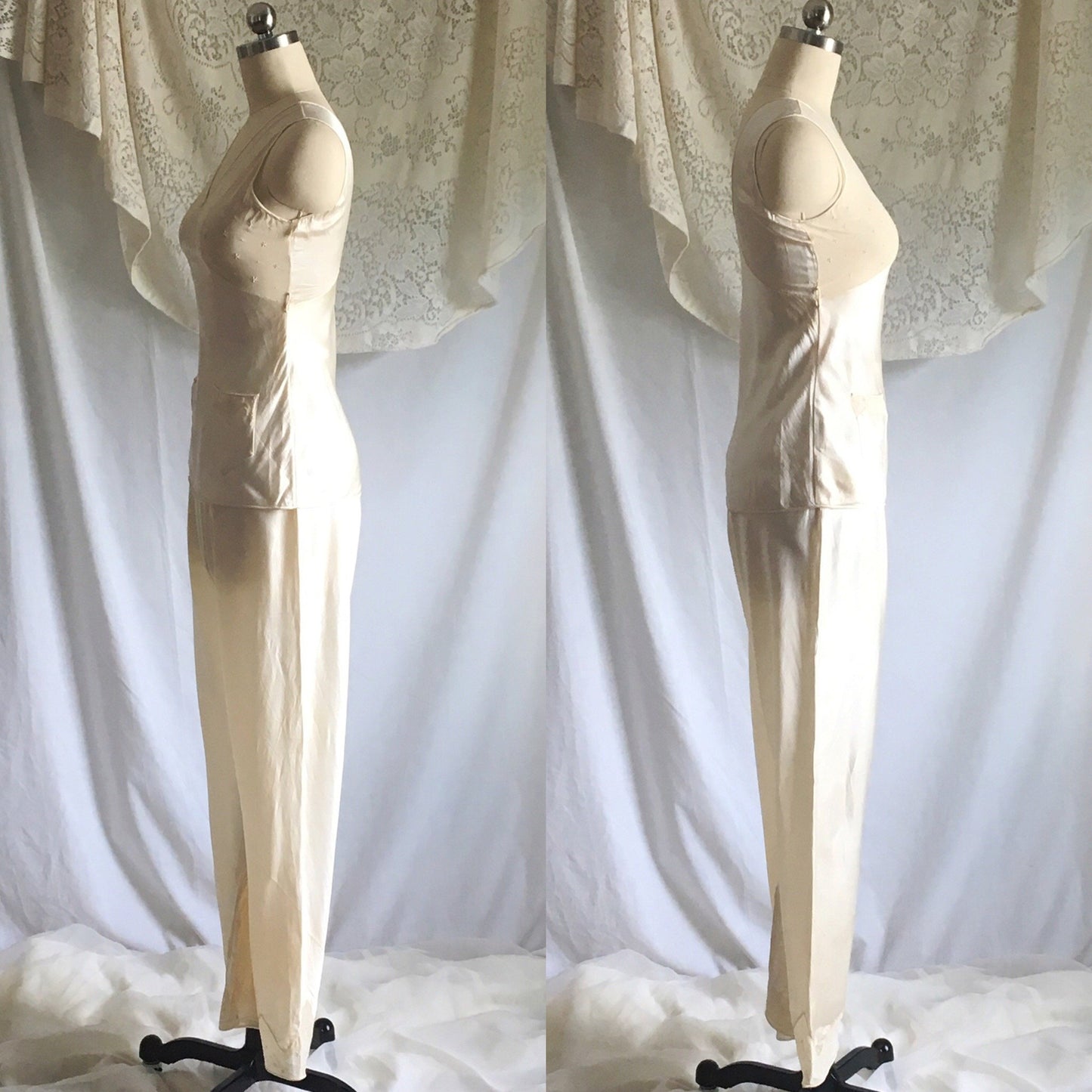 Vintage 1930's Pajama Set | Champagne Silk Charmeuse with Embroidered Chiffon | Size XXS, XS - Daggers & Dames