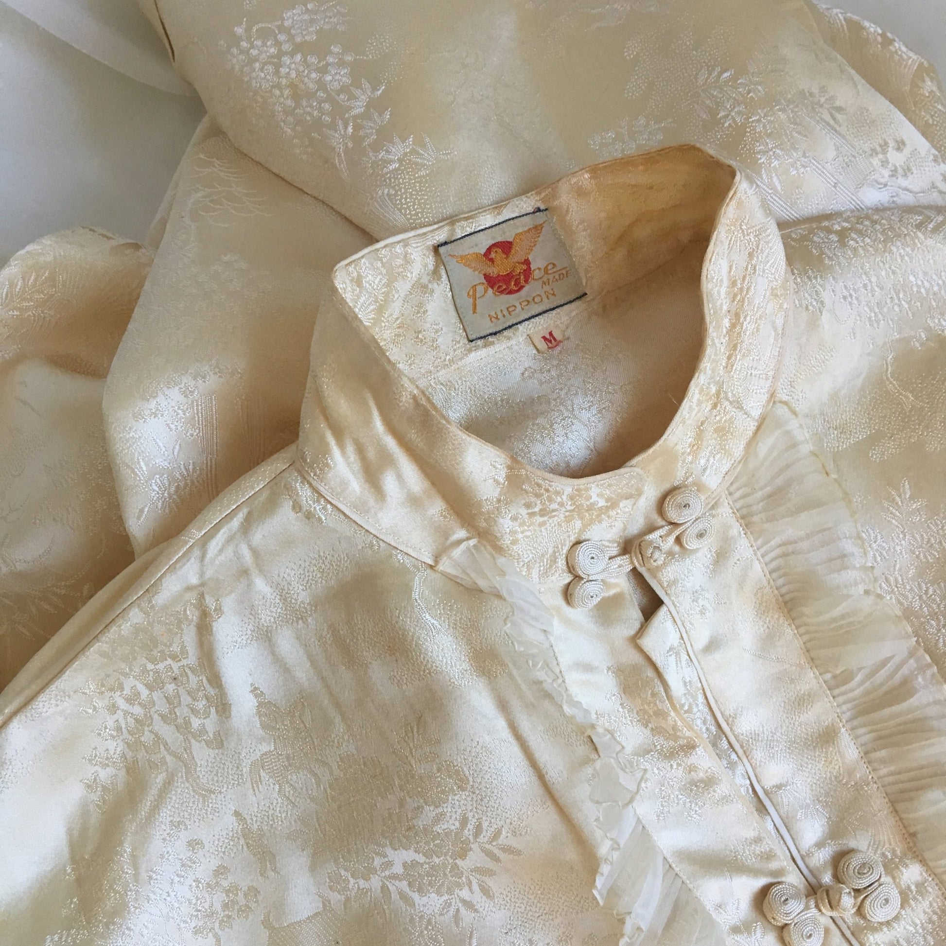Vintage 1930's Pajama Set | Champagne Silk Damask with Mandarin Collar & Chiffon Ruffles | Size M, LG - Daggers & Dames
