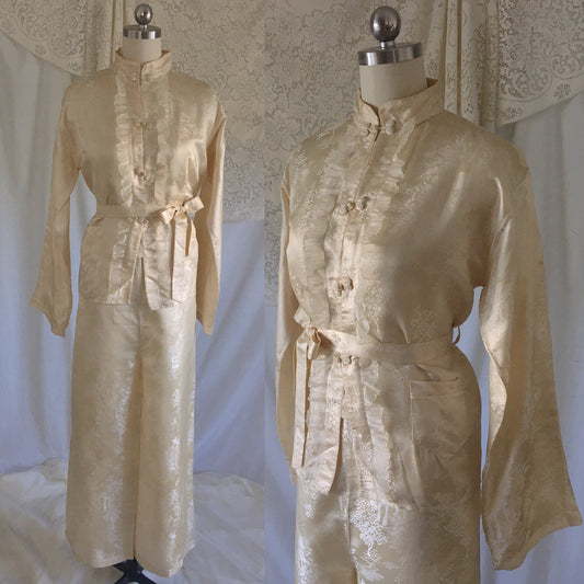 Vintage 1930's Pajama Set | Champagne Silk Damask with Mandarin Collar & Chiffon Ruffles | Size M, LG - Daggers & Dames
