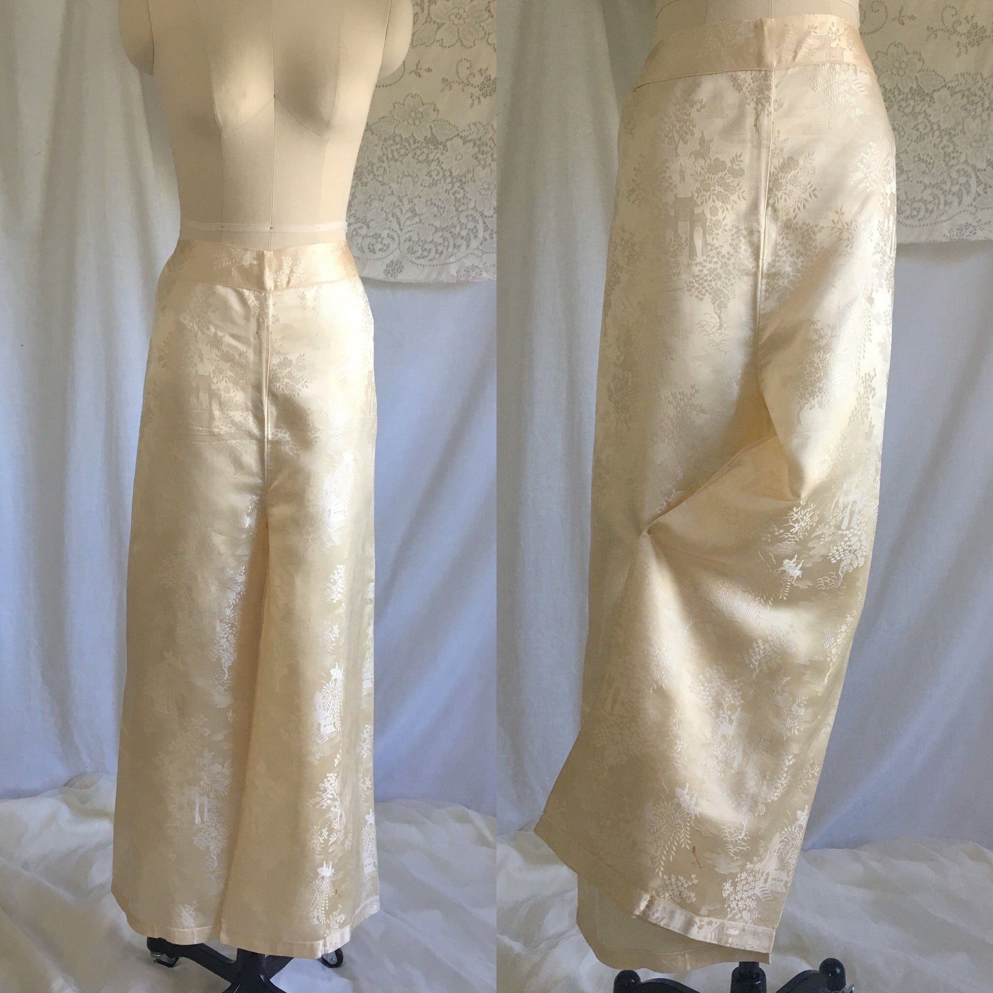 Vintage 1930's Pajama Set | Champagne Silk Damask with Mandarin Collar & Chiffon Ruffles | Size M, LG - Daggers & Dames