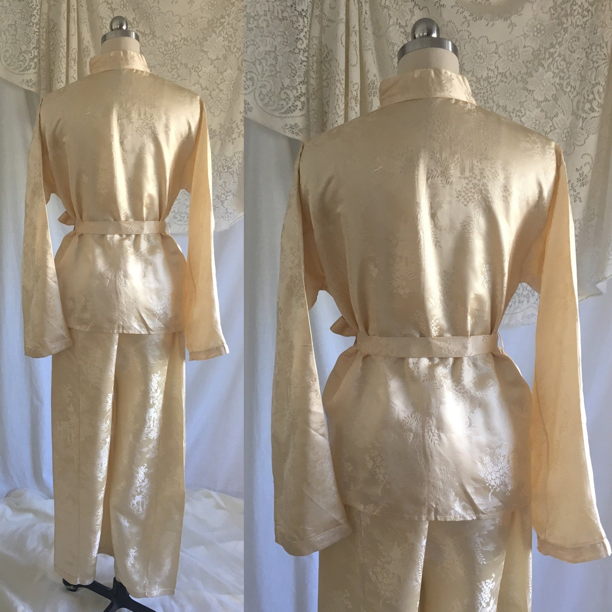 Vintage 1930's Pajama Set | Champagne Silk Damask with Mandarin Collar & Chiffon Ruffles | Size M, LG - Daggers & Dames