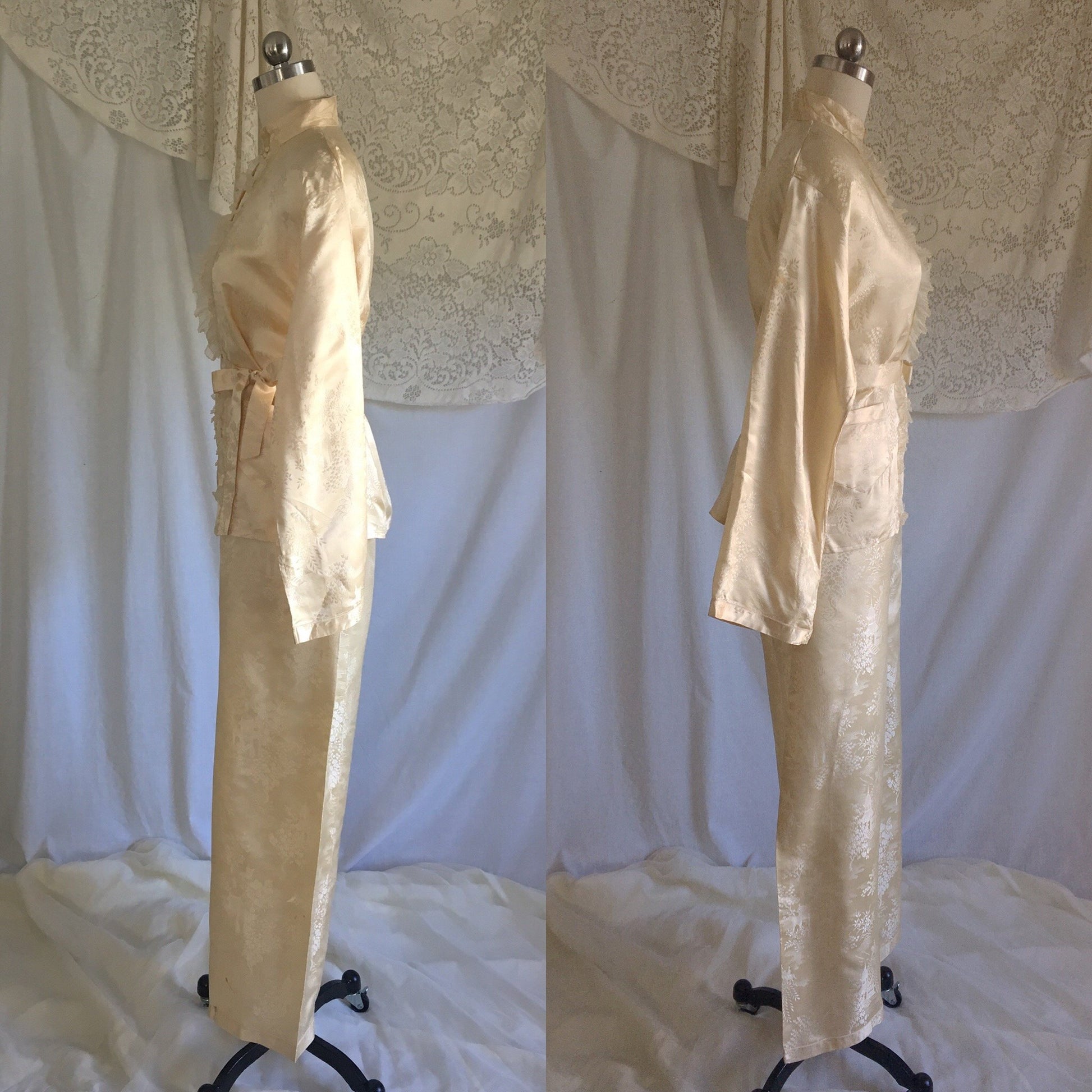 Vintage 1930's Pajama Set | Champagne Silk Damask with Mandarin Collar & Chiffon Ruffles | Size M, LG - Daggers & Dames