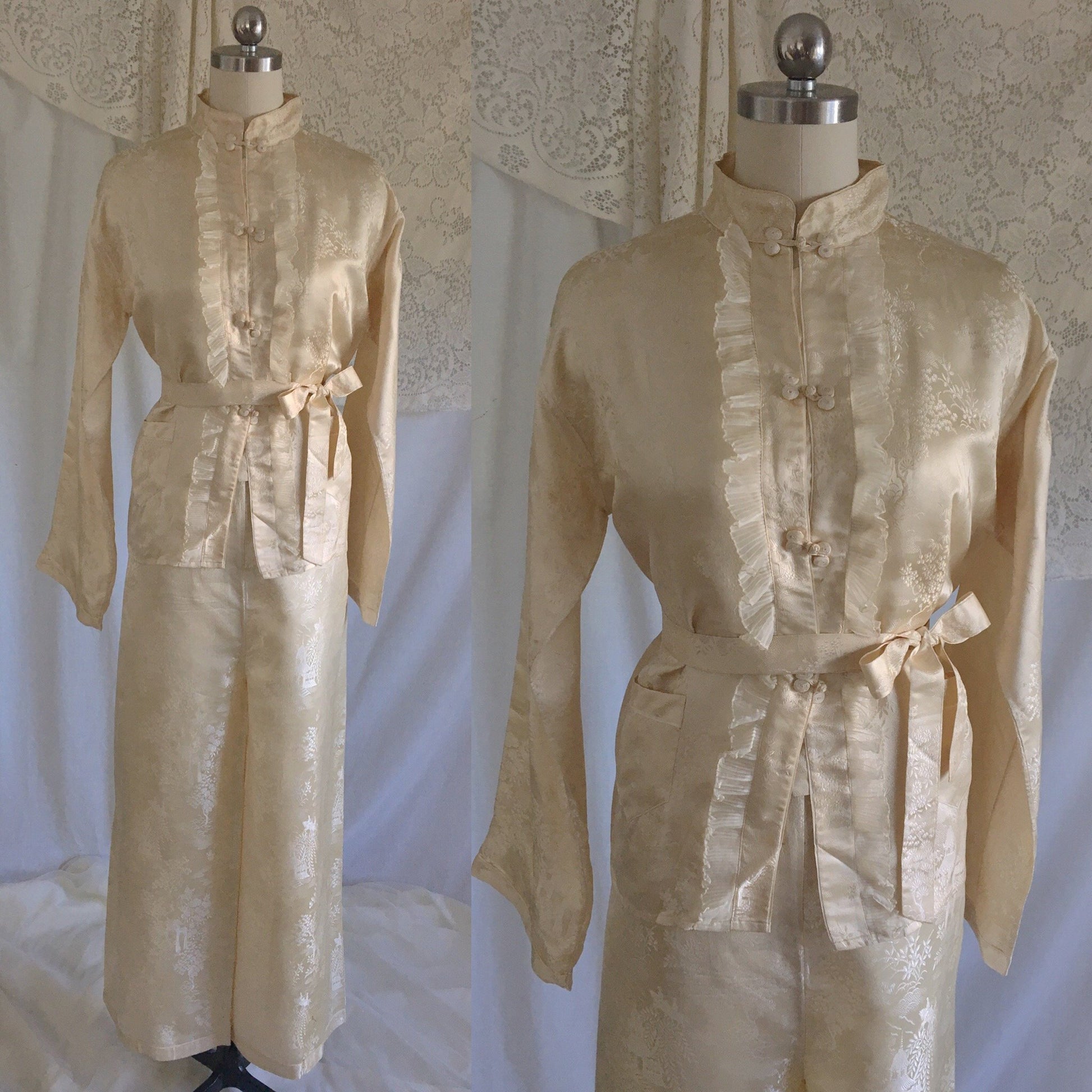 Vintage 1930's Pajama Set | Champagne Silk Damask with Mandarin Collar & Chiffon Ruffles | Size M, LG - Daggers & Dames