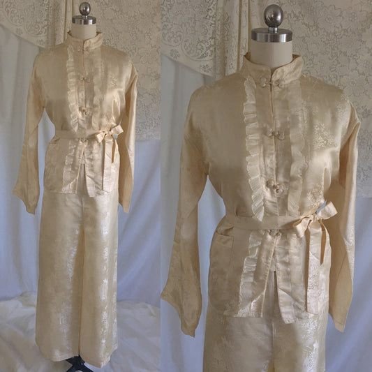 Vintage 1930's Pajama Set | Champagne Silk Damask with Mandarin Collar & Chiffon Ruffles | Size M, LG - Daggers & Dames