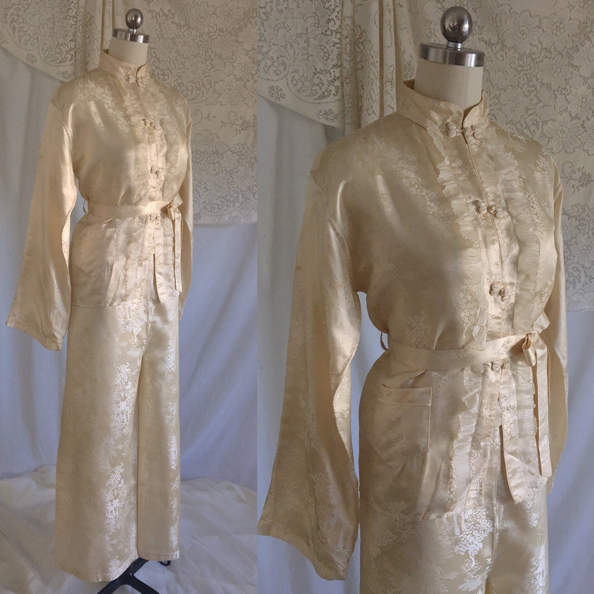 Vintage 1930's Pajama Set | Champagne Silk Damask with Mandarin Collar & Chiffon Ruffles | Size M, LG - Daggers & Dames
