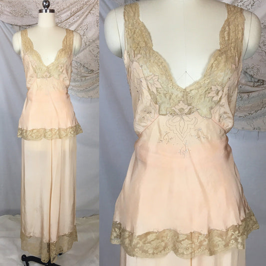 Vintage 1930's Pajama Set | Hand Sewn Sheer Peach Silk with Raw Sienna Chantilly Lace & Hand Embroidery | NRA Label | Size SM - Daggers & Dames